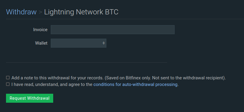 retiro vía Lightning Network BTC en Bitfinex
