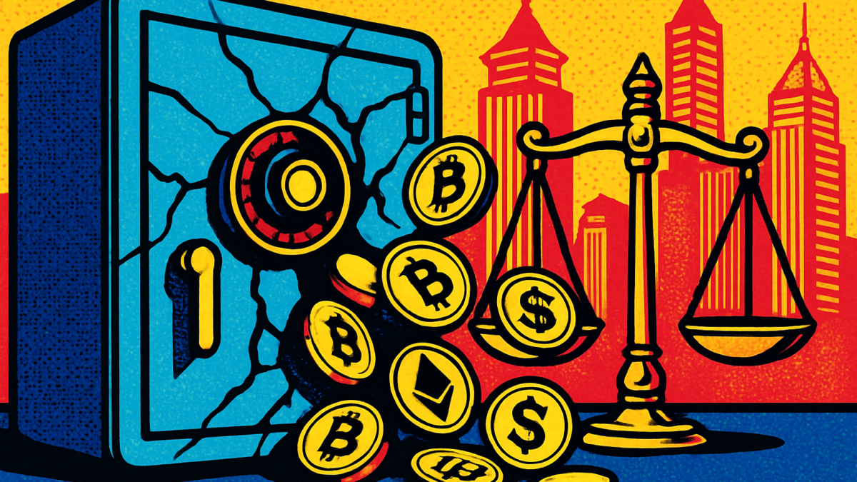 Upbit hackeo representado por una bóveda cripto vulnerada junto a una balanza de justicia
