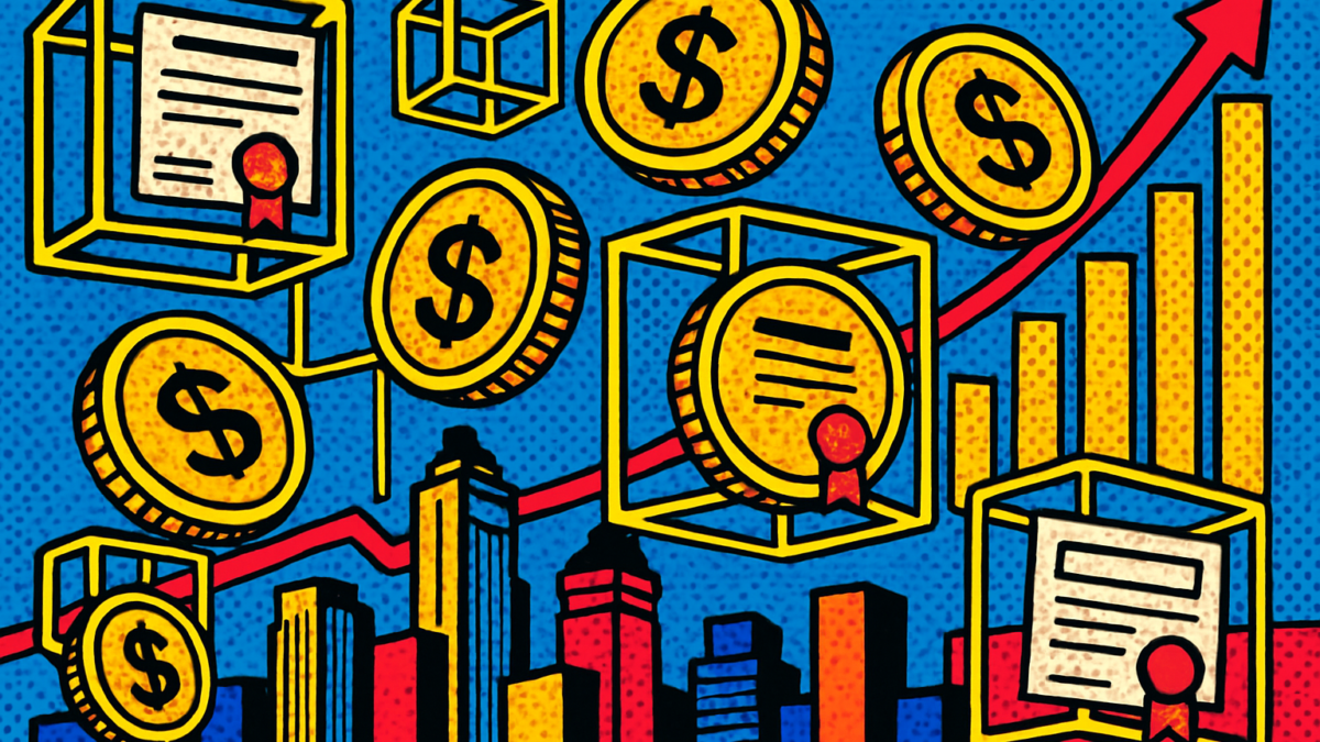 Activos tokenizados representados como monedas digitales dentro de una red blockchain sobre una ciudad financiera