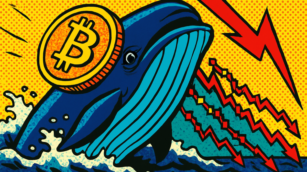 Ballena de Bitcoin escapando de una liquidación forzosa en un mar de gráficos