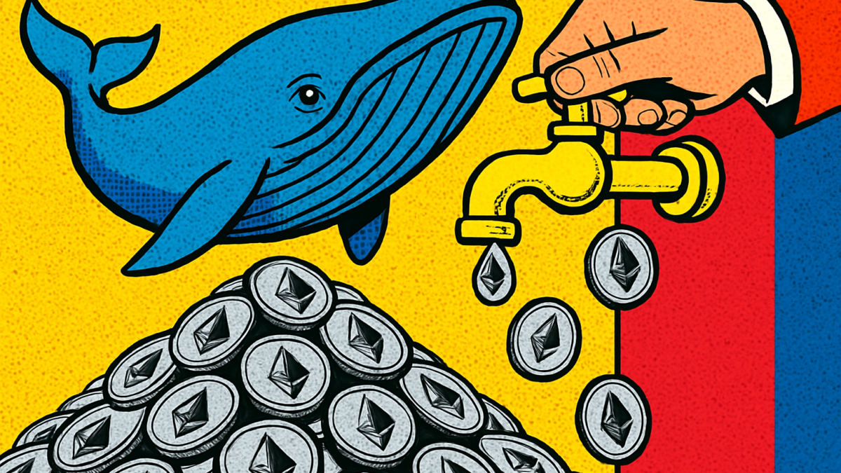 Ballena de Bitmine Ethereum sobre una montaña de tokens ETH representando su tesorería corporativa