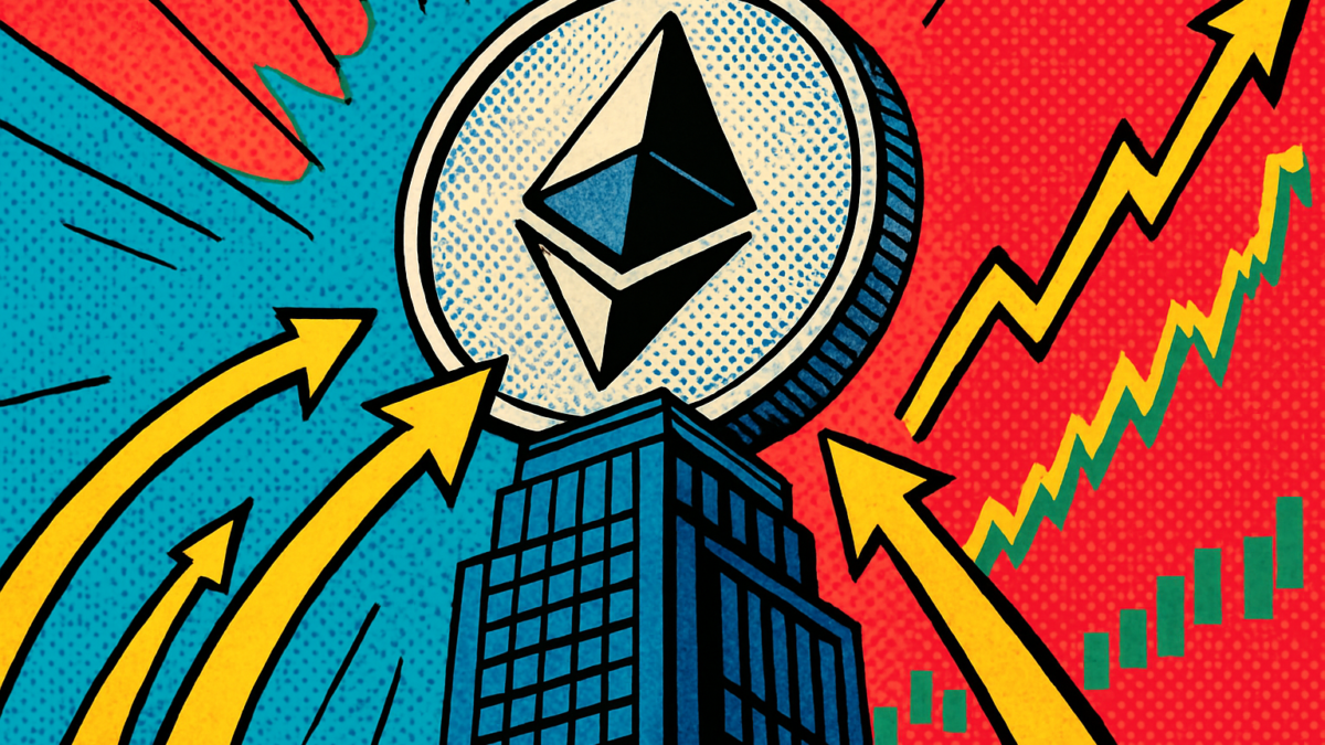 ETF de Ethereum con flechas de entrada de capital sobre un distrito financiero