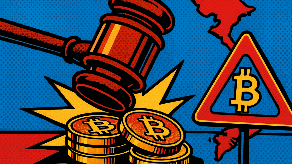Ilustración pop art de multas al comercio cripto en Vietnam con mazo judicial y monedas digitales