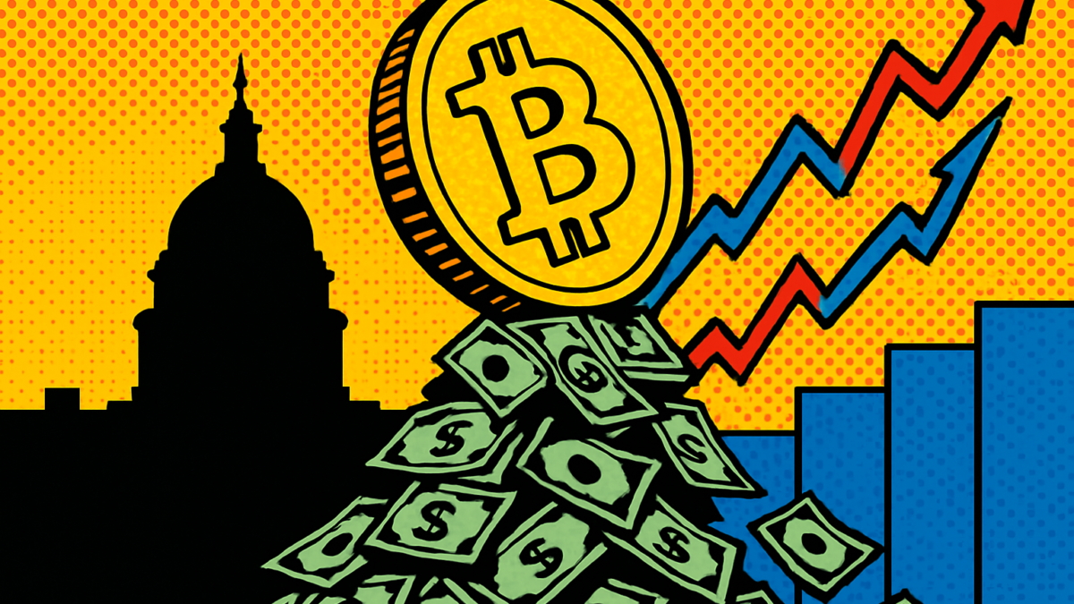 Ilustración del precio de Bitcoin frente a la creciente deuda de Estados Unidos