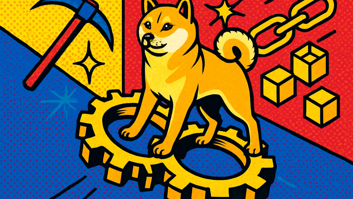 Ilustración pop art del dogecoin merge mining con un Shiba Inu y engranajes entrelazados