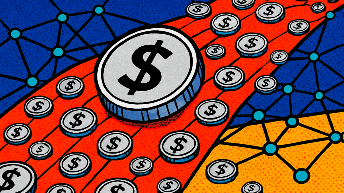 Flujo de monedas digitales que representa las stablecoins en Solana superando los 15.000 millones