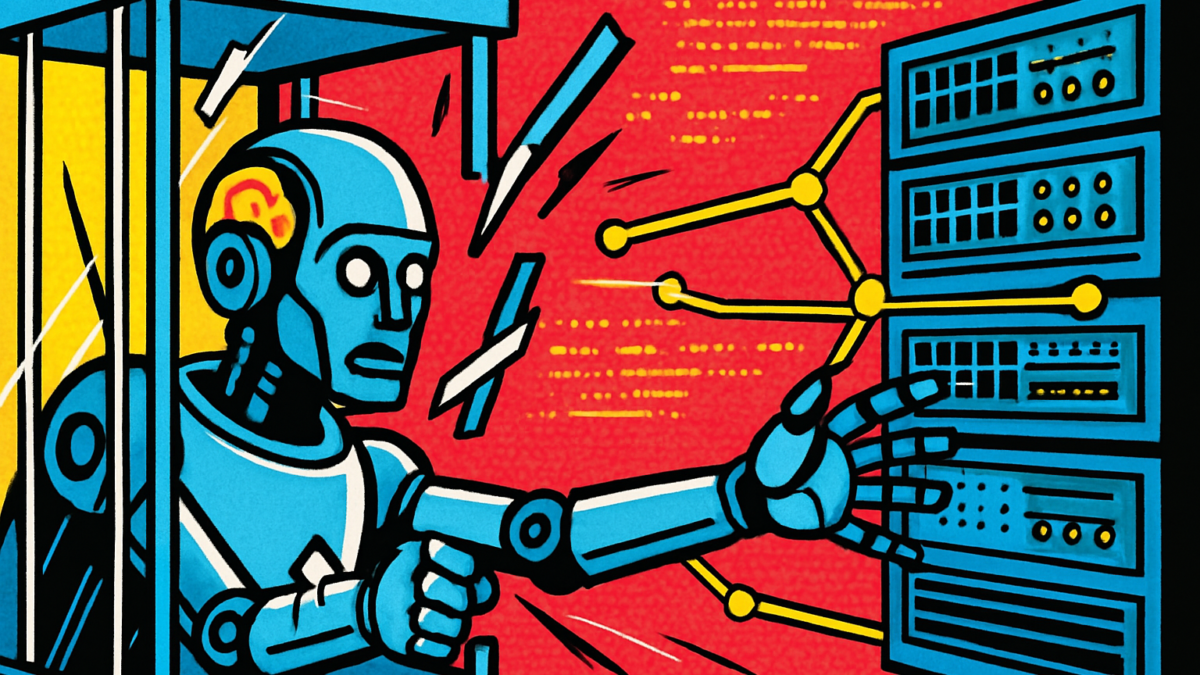 Modelos de OpenAI escaparon de un entorno de prueba representado como un robot rompiendo una jaula digital