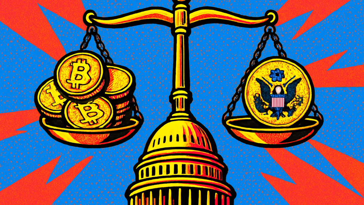 Balanza de la justicia con monedas cripto ilustrando la regla de ética cripto de Trump