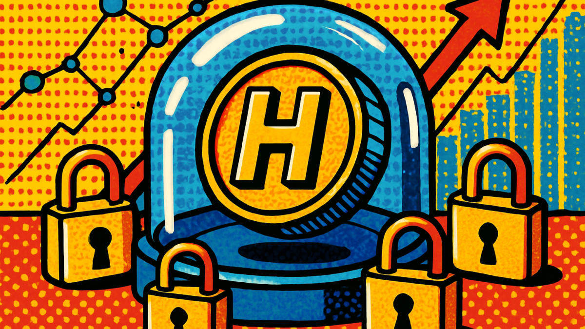 Representación del staking de HYPE en Hyperliquid con una moneda bloqueada en una bóveda digital