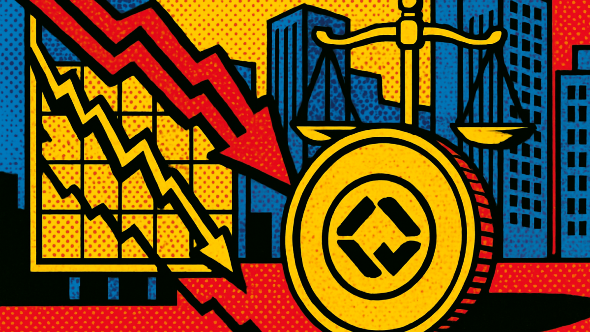 Gráfico de las acciones de Coinbase cayendo junto a una balanza judicial tras el acuerdo con la SEC