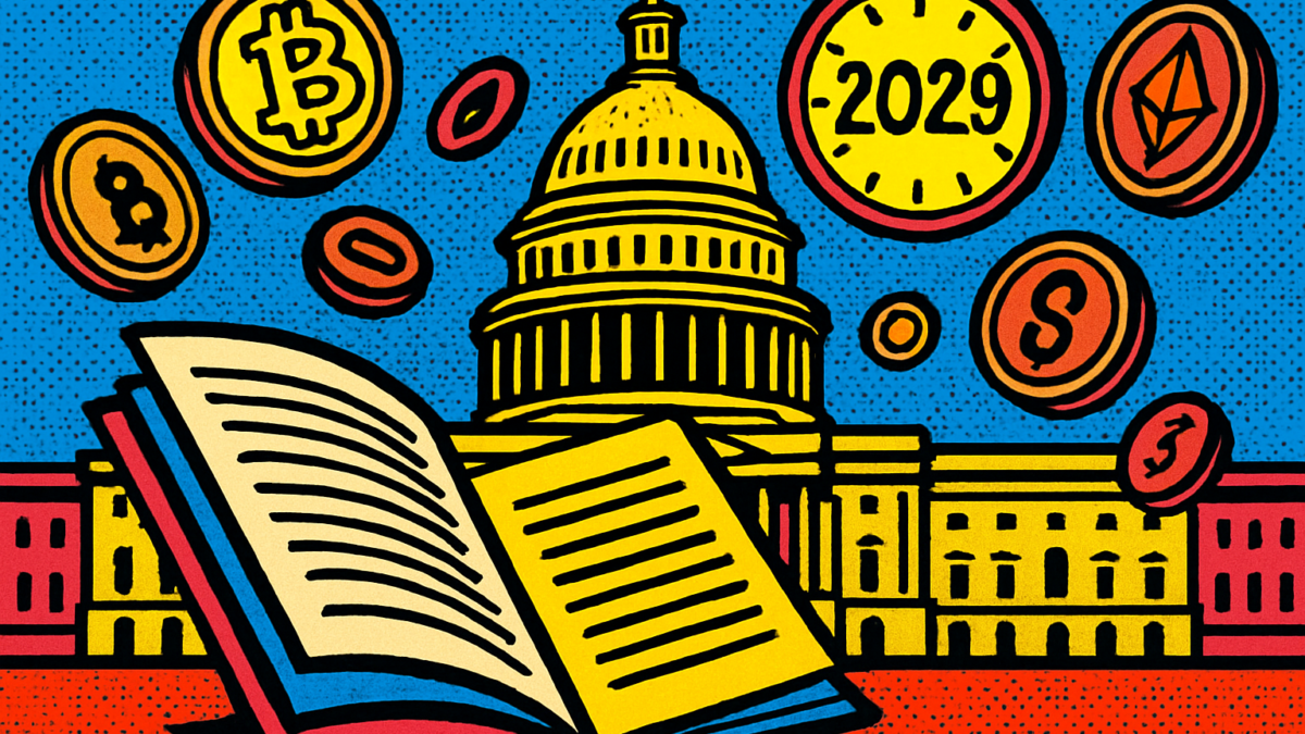 Documento del Clarity Act frente al Capitolio de EE.UU. con monedas cripto