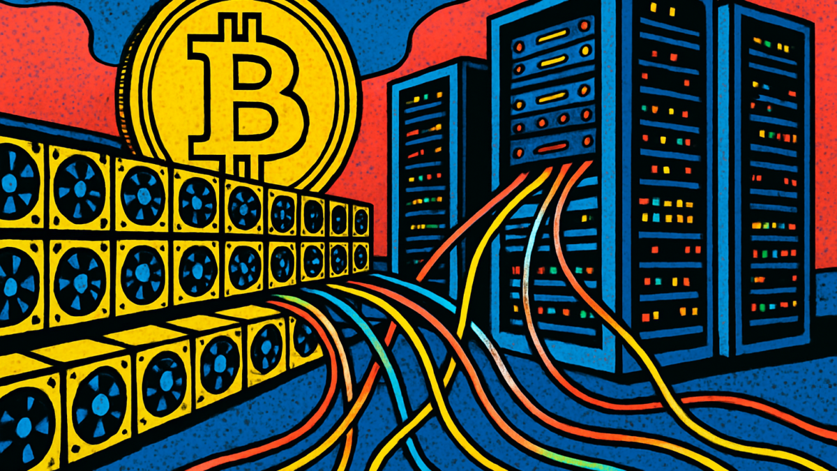 Granja de mineria de Bitcoin conectada a un centro de datos de inteligencia artificial