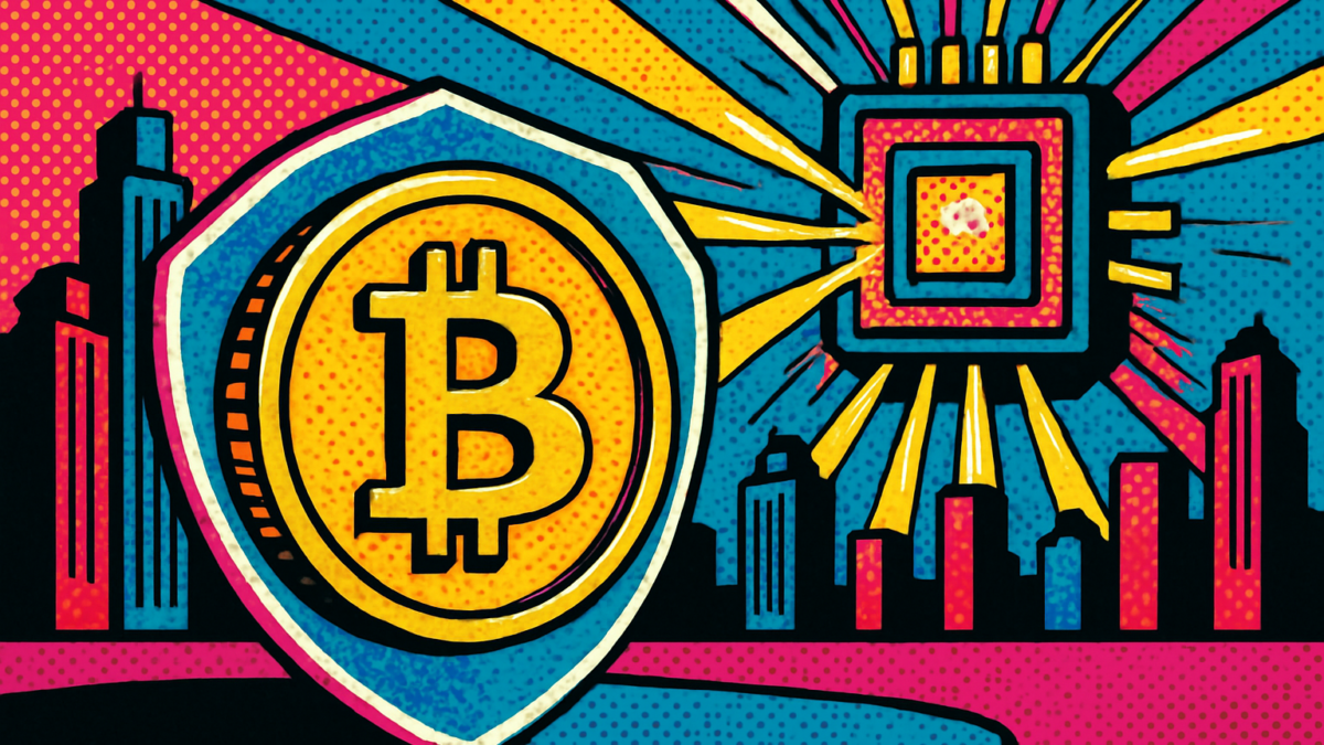 Escudo protegiendo una moneda de Bitcoin cuántico ante un procesador cuántico