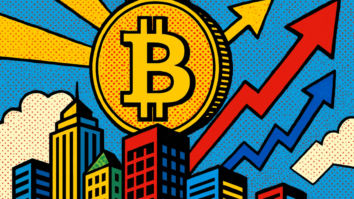 Moneda de Bitcoin ascendiendo sobre una ciudad financiera ilustrando las entradas al ETF de Bitcoin