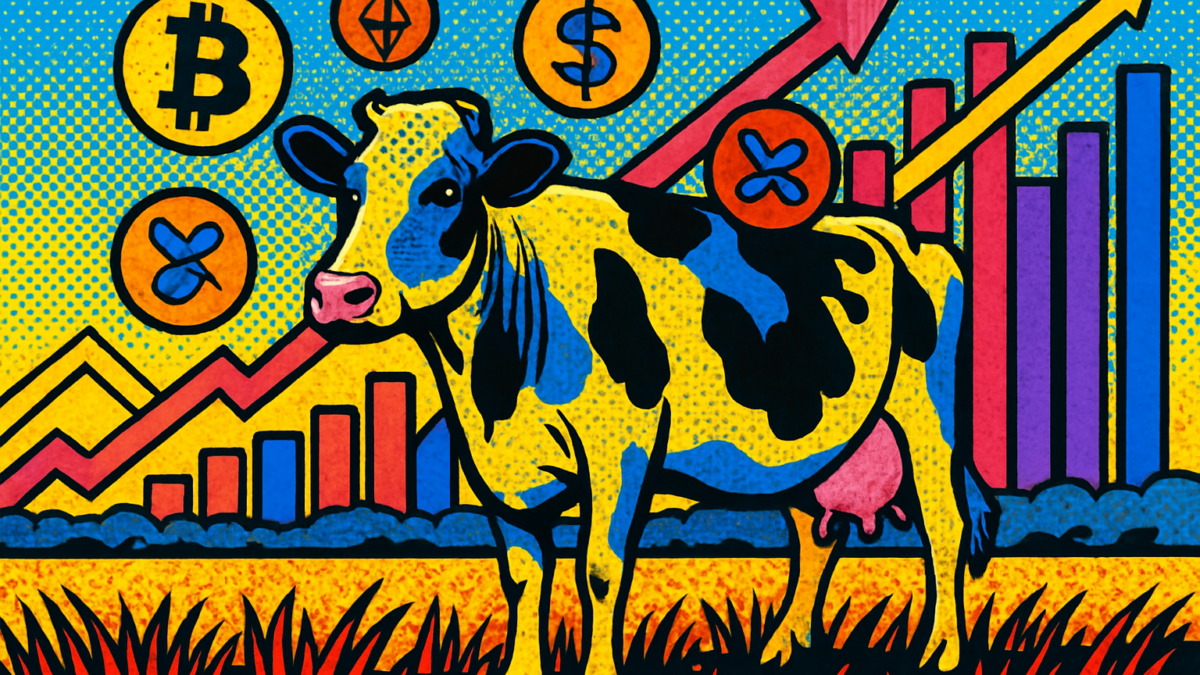 Vacas tokenizadas en una granja de Brasil representadas como activos digitales sobre un pastizal