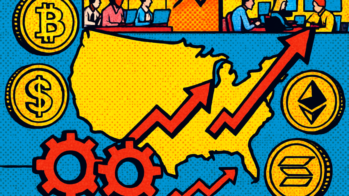 Monedas cripto sobre un mapa de EE.UU. ilustrando el impacto de la industria cripto en la economía