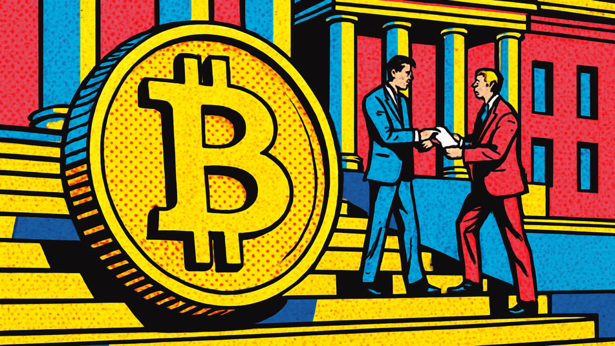 Moneda de Bitcoin sobre edificio político que ilustra la donación en Bitcoin de Gemini a un PAC pro-Trump