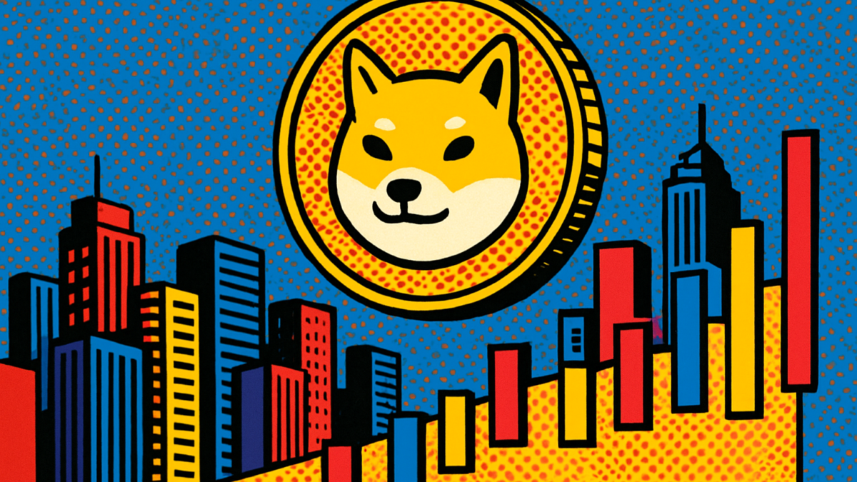 Moneda de Dogecoin sobre gráficos que muestran el alza del volumen de Dogecoin