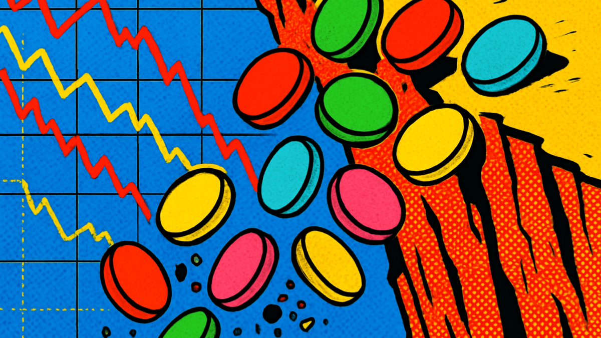 Altcoins caídas representadas como monedas cayendo tras un desplome del 97% en el mercado cripto