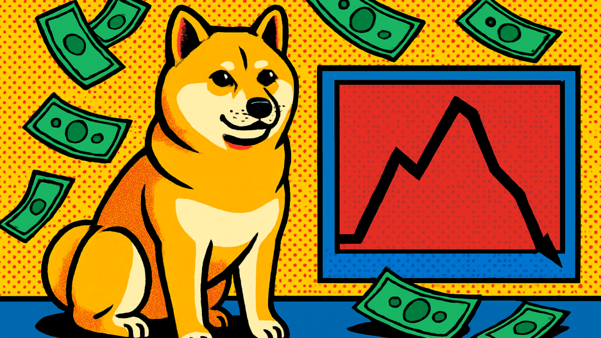 ETF de Dogecoin con flujos en cero representados por una gráfica plana junto a una moneda de la memecoin