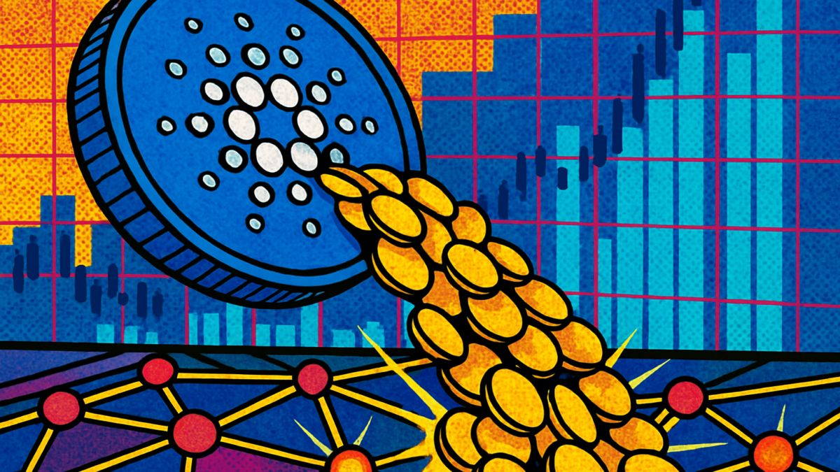 Moneda de Cardano vertiendo fondos de su tesorería de ADA sobre una red blockchain