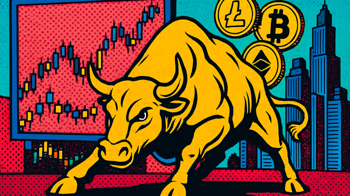 Toro dorado esperando el inicio del bull run cripto frente a gráficos de mercado