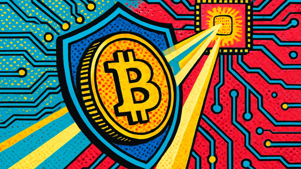 Moneda de Bitcoin protegida ante un procesador que representa la computación cuántica